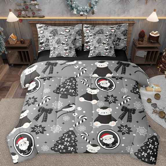 Feelyou Kawaii Doll Bear Twin Bedding Sets 7-Piece for Kids, Grey Christmas Tree Bedding Comforter Set, Princess Bowknot Reversible Sheet Sets, Lightweight Room Decor