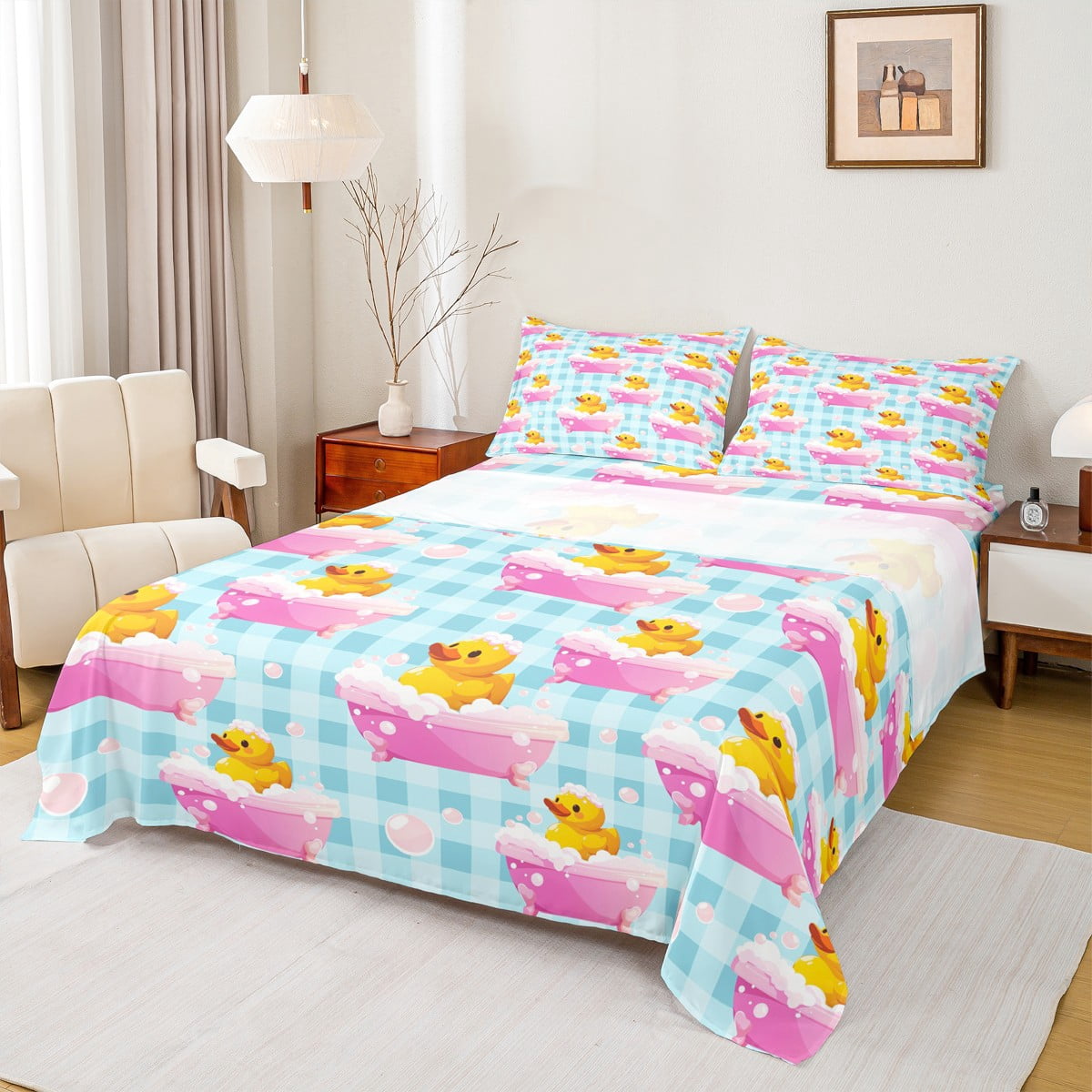 Feelyou Kawaii Duck Animal Full Size Sheets, Blue Buffalo Plaid Bed ...