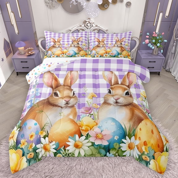 Feelyou Kawaii Easter Bunny Bedding Comforter Set for Kids, Groovy Flower Floral Twin Comforter Sets, Chic Purple Plaid Reversible Bedding Set, Super Cozy Room Decor, 2 Pieces
