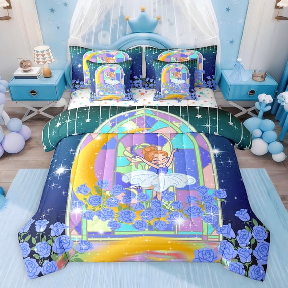 Feelyou Kawaii Fairy Elf Bedding Comforter Set 7pcs for Kids, Magic Angel Princess King Bedding Sets, Romantic Blue Rose Reversible Bed Sheets, Lightweight Room Decor
