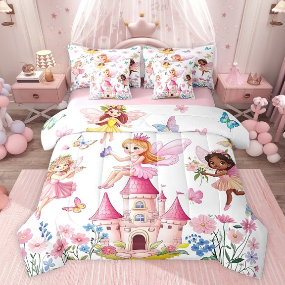 Feelyou Kawaii Fairy Elf Bedding Comforter Set 7pcs, Pink Princess Castle King Bedding Sets, Dreamy Butterfly Flower Reversible Bed Sheets, Luxury Bedroom Decor