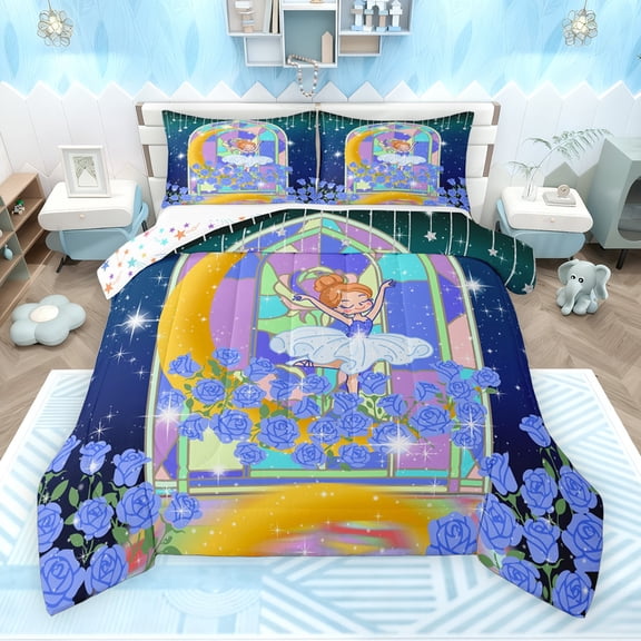 Feelyou Kawaii Fairy Elf Bedding Comforter Set for Kids, Magic Angel Princess Twin Comforter Sets, Romantic Blue Rose Reversible Bedding Set, Lightweight Room Decor, 2pcs