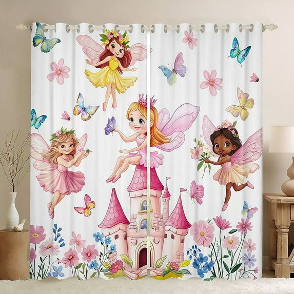 Feelyou Kawaii Fairy Elf Blackout Curtains Set of 2 (52x84 Each), Pink Princess Castle Window Curtains, Dreamy Butterfly Flower Curtains and Drapes, Blackout Curtains Bedroom Decor