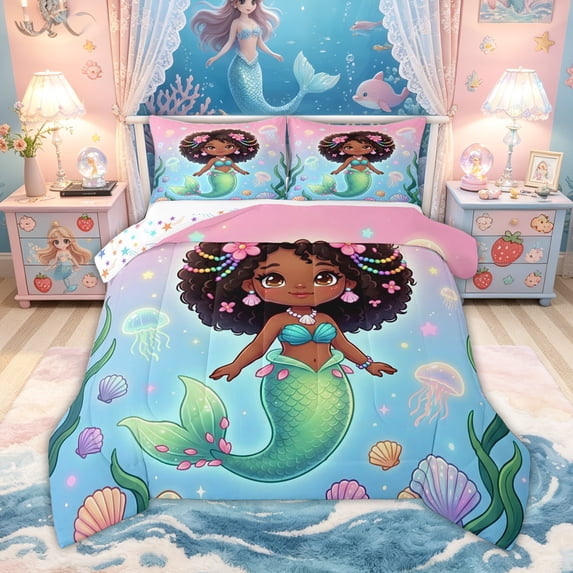 Feelyou Kawaii Fairy Sea Mermaid Full Size Comforter Sets for Kids, Dreamy Marine Jellyfish Bedding Sets, Pink Blue, Colorful Star Reversible, 3-Piece