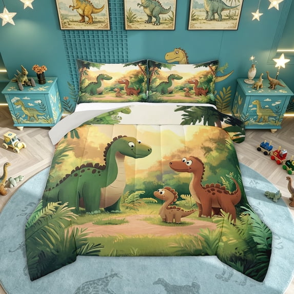 Feelyou Kawaii Family Dino Full Size Comforter Sets for Kids, Sunshine Wildlife Bedding Sets, Green Orange, Grey Reversible, 3-Piece