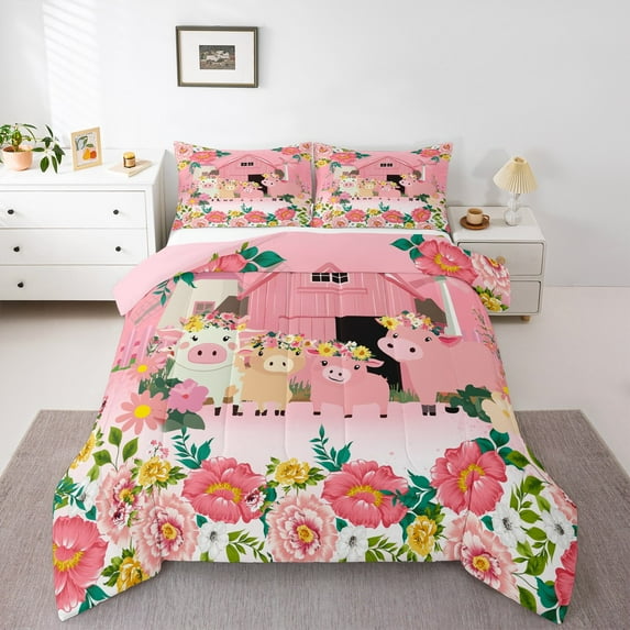 Feelyou Kawaii Farm Cow Bedding Comforter Set for Teen, Romantic Rose Flower Twin Comforter Sets, Cute Rustic Animal Reversible Bedding Set, Breathable Home Decor, 2pcs