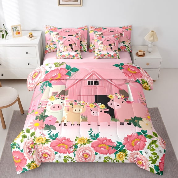 Feelyou Kawaii Farm Cow Twin Bedding Sets 7-Piece for Teen, Romantic Rose Flower Bedding Comforter Set, Cute Rustic Animal Reversible Sheet Sets, Breathable Home Decor