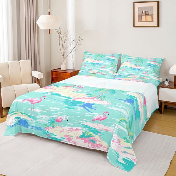 Feelyou Kawaii Flamingo Animal Queen Sheet Sets, Summer Beach Flat Sheet, Troical Coconut Tree Queen Fitted Sheet, Super Cozy Room Decor, 4pcs