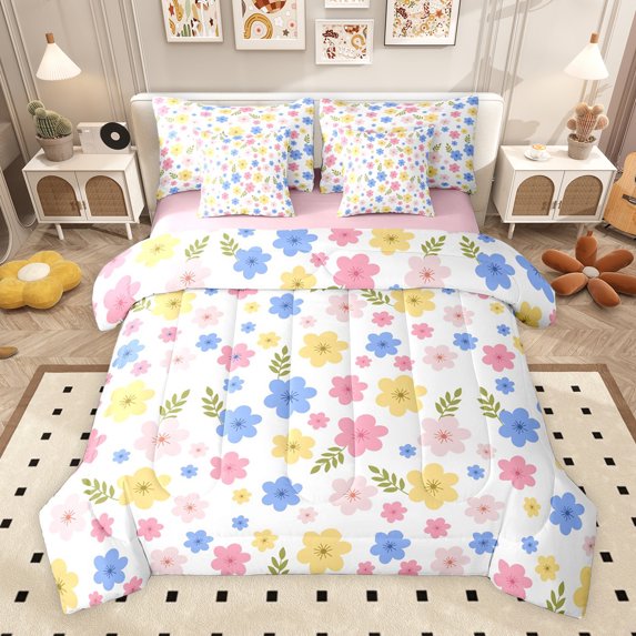 Feelyou Kawaii Floral Girls Twin Bedding Sets 7-Piece, Cartoon Groovy Flower Bedding Comforter Set, Leaf Plant Botanical Reversible Sheet Sets, Microfiber Bedroom Decor