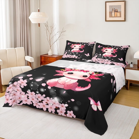 Feelyou Kawaii Flower Axolotl Twin Sheet Sets for Girl, Pink Cherry Blossoms Twin Fitted Sheet, Dreamy Buttefly Flat Sheet, Luxury Bedroom Decor, 3pcs