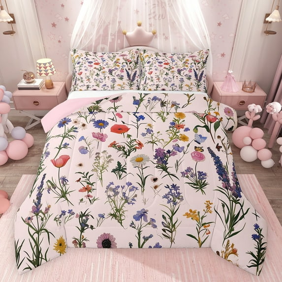 Feelyou Kawaii Flower Girls Queen Comforter Set, Groovy Daisy Lavender Floral Bedding Sets, Girly Pink Cartoon Reversible Bedding Comforter Set, Microfiber Bedroom Decor, 3pcs