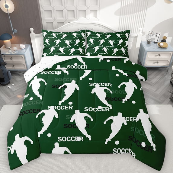 Feelyou Kawaii Football Athlete Full Size Comforter Sets, Vintage Rugby Lover Bedding Comforter Set, Green Cartoon Print Reversible Bedding Sets, Lightweight Room Decor, 3-Piece