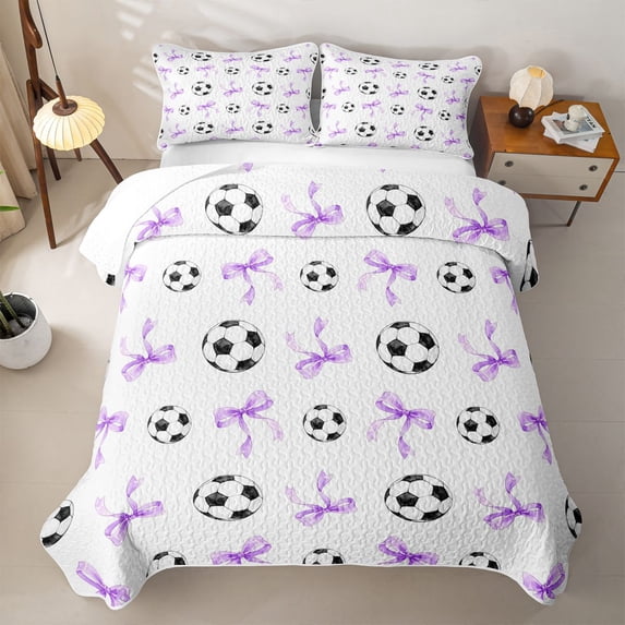 Feelyou Kawaii Football Twin Quilt Set for Girls, Girly Purple Bowknot Twin Coverlet Set, 2-Piece
