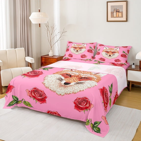 Feelyou Kawaii Fox Animal Twin Sheet Sets, Fashion Red Rose Floral Twin Fitted Sheet, Teens Kids Boys Girls Flat Sheet, Ultra Soft Bedroom Decor, 3-Piece