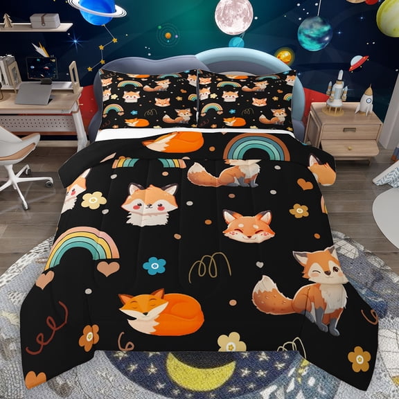 Feelyou Kawaii Fox Black Bedding Comforter Set for Kids, Dreamy Cartoon Animal Twin Comforter Sets, Rainbow Flower Floral Reversible Bedding Set, Microfiber Bedroom Decor, 2pcs