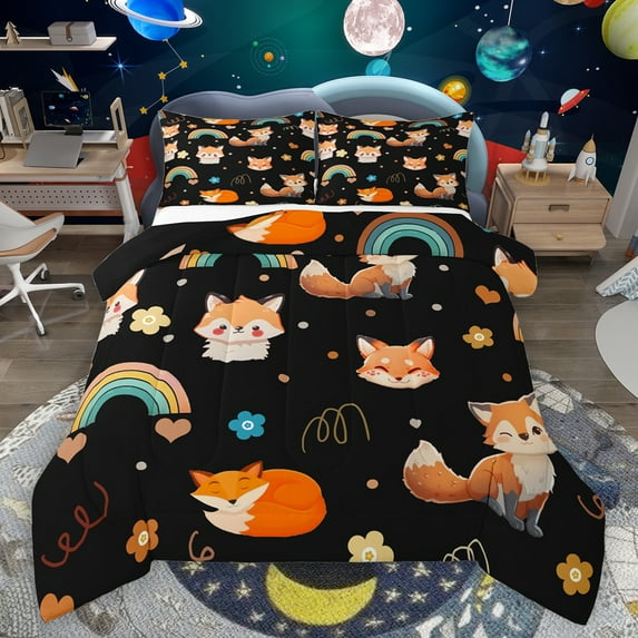 Feelyou Kawaii Fox Black Bedding Comforter Set for Kids, Dreamy Cartoon Animal Twin Comforter Sets, Rainbow Flower Floral Reversible Bedding Set, Microfiber Bedroom Decor, 2pcs