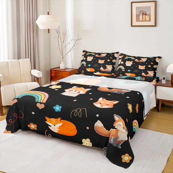 Feelyou Kawaii Fox Black Twin Sheet Sets for Kids, Dreamy Cartoon Animal Twin Fitted Sheet, Rainbow Flower Floral Flat Sheet, Microfiber Bedroom Decor, 3pcs