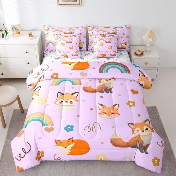 Feelyou Kawaii Fox Purple Bedding Comforter Set 7pcs for Kids, Dreamy Cartoon Animal King Bedding Sets, Rainbow Flower Floral Reversible Bed Sheets, Super Cozy Room Decor