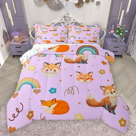 Feelyou Kawaii Fox Purple Full Size Comforter Sets for Kids, Dreamy Cartoon Animal Bedding Comforter Set, Rainbow Flower Floral Reversible Bedding Sets, Super Cozy Room Decor, 3pcs