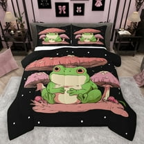 Feelyou Kawaii Frog Prince Bedding Comforter Set for Teem, Pink Jungle Mushroom Twin Comforter Sets, Cute Cartoon Theme Reversible Bedding Set, Luxury Bedroom Decor, 2-Piece