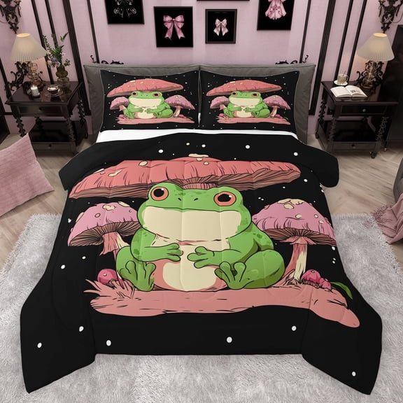 Feelyou Kawaii Frog Prince Queen Comforter Set for Teem, Pink Jungle Mushroom Bedding Sets, Cute Cartoon Theme Reversible Bedding Comforter Set, Luxury Bedroom Decor, 3-Piece