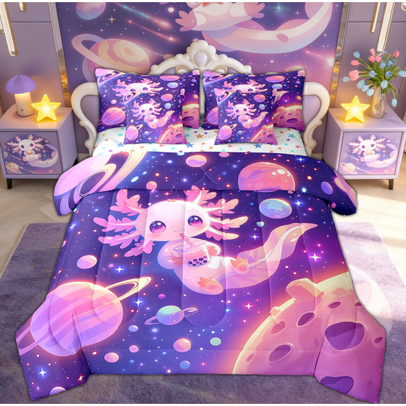 Feelyou Kawaii Galaxy Axolotl Twin Bedding Sets for Kids Boys Girls, Purple Outer Space Bedding Comforter Set, Colorful Stars Reversible, 7pcs