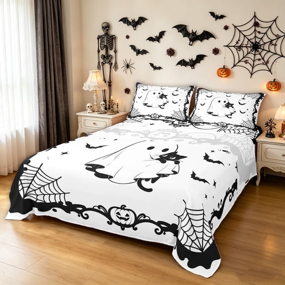 Feelyou Kawaii Ghost Black Cat King Sheets, Halloween Bat Spider Bedding, 4-Piece, 1 Flat Sheet, 1 Fitted Sheet and 2 Pillowcases