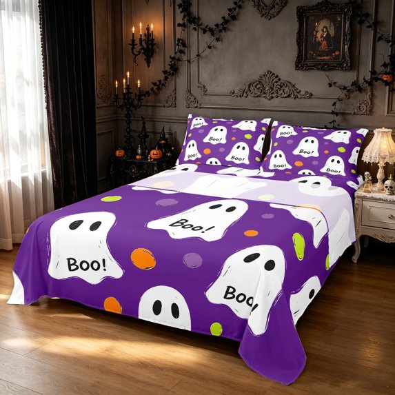 Feelyou Kawaii Ghost Boo Queen Sheets, Cute Polka Dot Queen Sheet Sets, Purple White, 4-Piece, 1 Flat Sheet, 1 Fitted Sheet and 2 Pillowcases