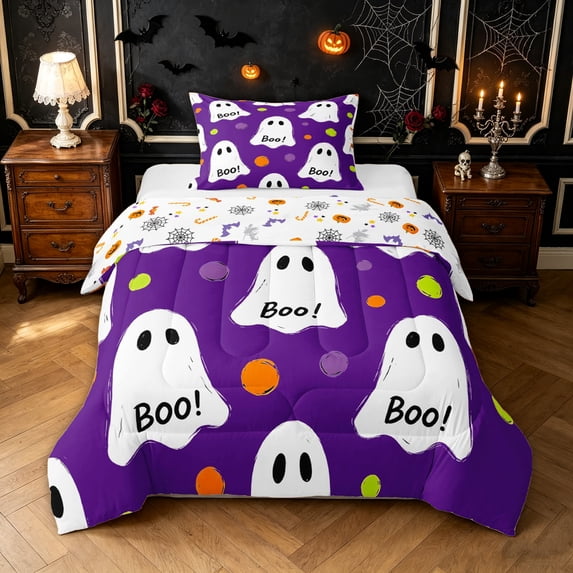 Feelyou Kawaii Ghost Boo Twin Comforter Sets, Cute Polka Dot Bedding Set, Purple White, Halloween Reversible, 2-Piece, 1 Comforter and 2 Pillowcases