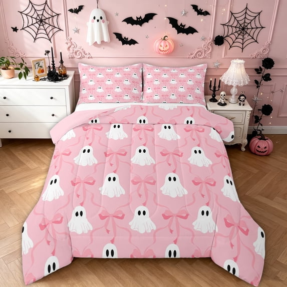 Feelyou Kawaii Ghost Bow Queen Comforter Set, Cute Ribbon Comforter Sets Queen, Pink Reversible, 3pcs, 1 Comforter and 2 Pillowcases