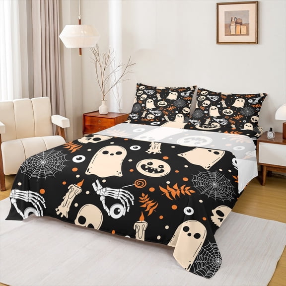 Feelyou Kawaii Ghost Pumpkin Full Size Sheets, Happy Halloween Bed Sheets, Skeleton Spider Web Sheet Sets, Luxury Bedroom Decor,4 Pieces