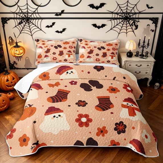 Feelyou Kawaii Ghost Pumpkin Quilt King, Boho Autumn Flower King Coverlet Set, Peach, 3pcs, 1 Comforter and 2 Pillowcases
