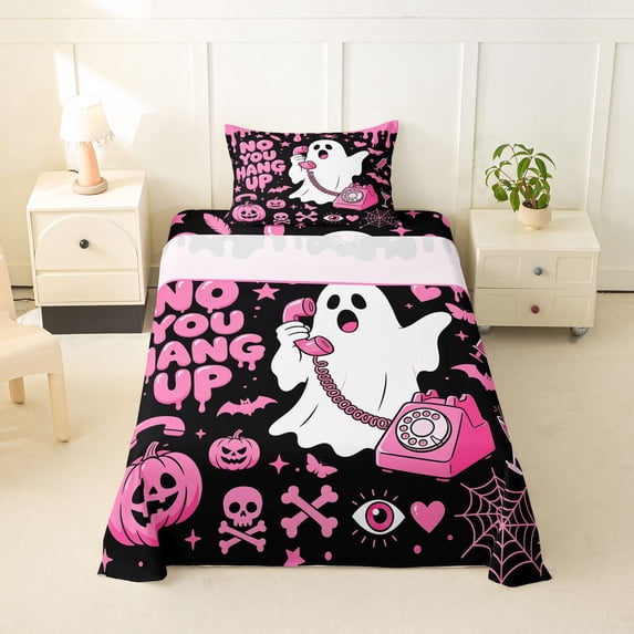 Feelyou Kawaii Ghost Pumpkin Twin Sheets, Spooky Drip Spider Bedding, Black Pink, 3-Piece, 1 Flat Sheet, 1 Fitted Sheet and 1 Pillowcase