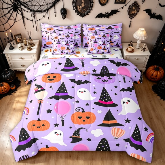 Feelyou Kawaii Ghost Witch Hat Full Size Bedding Sets, Cartoon Pumpkin Balloon Full Size Bed in a Bag, Purple, Halloween Reversible, 7pcs