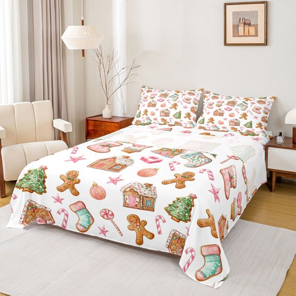 Feelyou Kawaii Gingerbread Man Bed Sheets, Cartoon Xmas Tree Cabin King Sheets, Merry Christmas Sheet Set, Microfiber Bedroom Decor, 4 Pieces