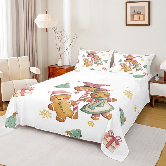Feelyou Kawaii Gingerbread Man Bed Sheets, Christmas Tree Snowflake King Sheets, Teens Boys Girls Kids Sheet Set, Microfiber Bedroom Decor, 4pcs