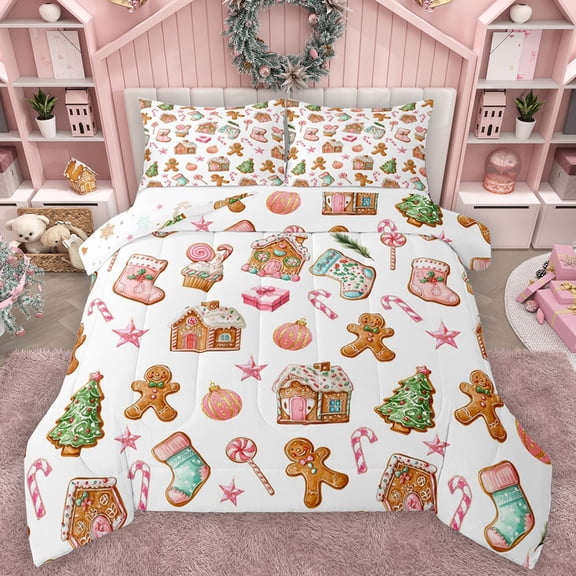 Feelyou Kawaii Gingerbread Man Bedding Comforter Set, Cartoon Xmas Tree Cabin Twin Comforter Sets, Merry Christmas Reversible Bedding Set, Microfiber Bedroom Decor, 2 Pieces