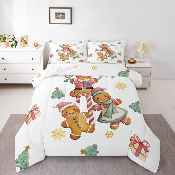 Feelyou Kawaii Gingerbread Man Full Size Comforter Sets, Christmas Tree Snowflake Bedding Comforter Set, Teens Boys Girls Kids Reversible Bedding Sets, Microfiber Bedroom Decor, 3pcs