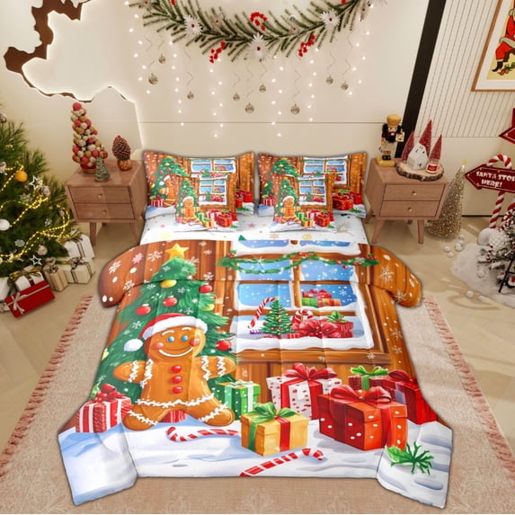 Feelyou Kawaii Gingerbread Man Twin Bedding Sets 7-Piece, Christmas Gifts Bedding Comforter Set, Xmas Tree Snowflake Reversible Sheet Sets, Microfiber Bedroom Decor