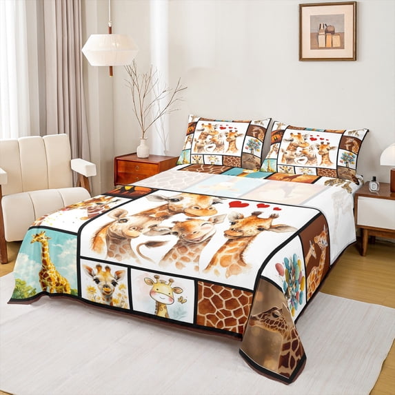 Feelyou Kawaii Giraffe Family Queen Sheet Sets, Cartoon Love Heart Flat Sheet, Brown Patchwork Queen Fitted Sheet, Ultra Soft Bedroom Decor, 4pcs
