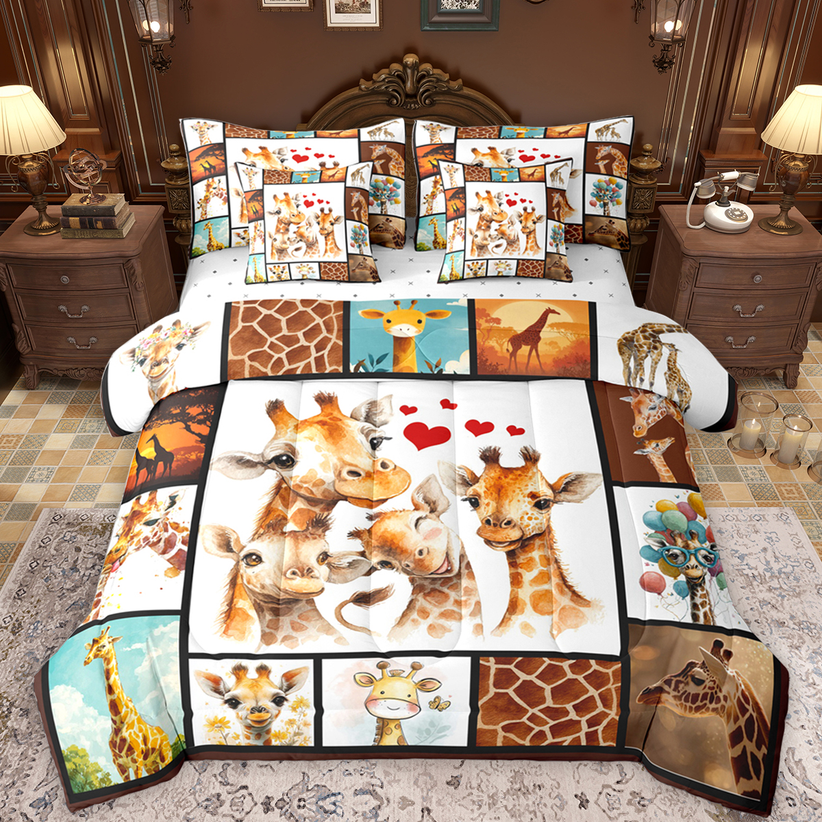 Reversible Sheets Feelyou Kawaii Giraffe Family Twin Bedding Sets 7-Piece, Cartoon Love ...