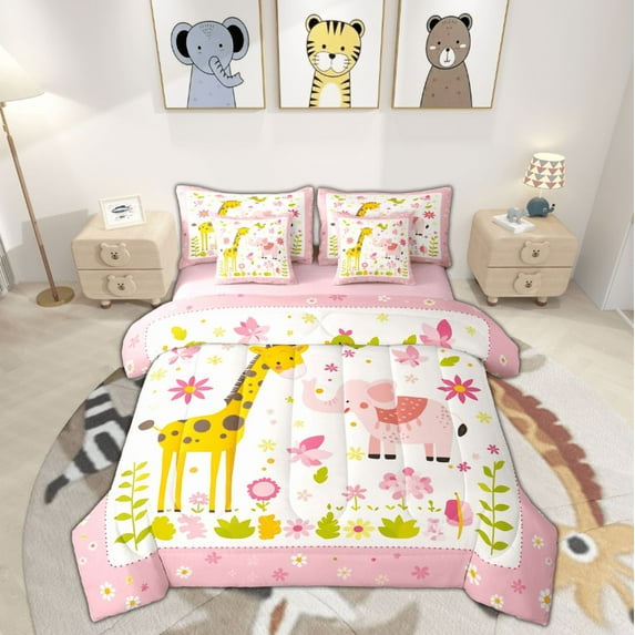 Feelyou Kawaii Giraffe Twin Bedding Sets 7-Piece, Cartoon Pink Elephant Bedding Comforter Set, Spring Flower Leaf Reversible Sheet Sets, Luxury Bedroom Decor