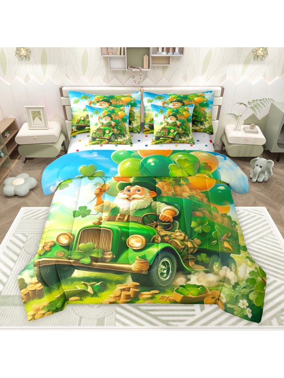Kawaii Gnome Kids Bedding Comforter Set 7pcs, Western St. Patrick's Day King Bedding Sets, Green Shamrock Reversible Bed Sheets, Ultra Soft Bedroom Decor