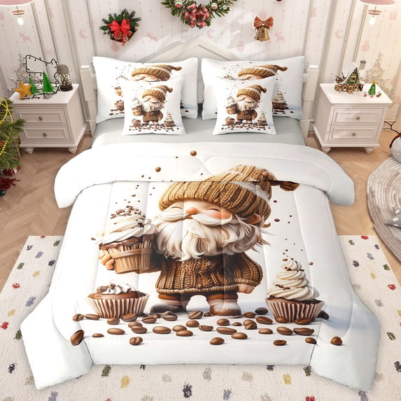 Feelyou Kawaii Gnome Kids Bedding Comforter Set 7pcs, Winter Coffee Lover Queen Bedding Sets, Cute Santa Claus Reversible Queen Sheet Sets, Microfiber Bedroom Decor