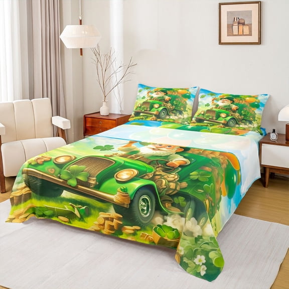Feelyou Kawaii Gnome Kids Twin Sheet Sets, Western St. Patrick's Day Twin Fitted Sheet, Green Shamrock Flat Sheet, Ultra Soft Bedroom Decor, 3pcs