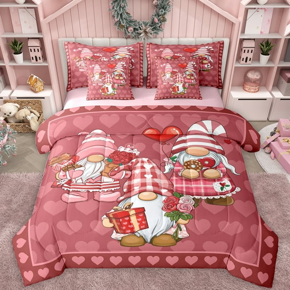 Feelyou Kawaii Gnome Teens Bedding Comforter Set 7 Pieces, Romantic Love Heart Full Bedding Set, Couple Valentines Day Reversible Fitted Sheet Flat Sheet, Luxury Bedroom Decor