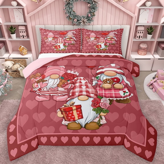 Feelyou Kawaii Gnome Teens Full Size Comforter Sets, Romantic Love Heart Bedding Comforter Set, Couple Valentines Day Reversible Bedding Sets, Luxury Bedroom Decor, 3 Pieces