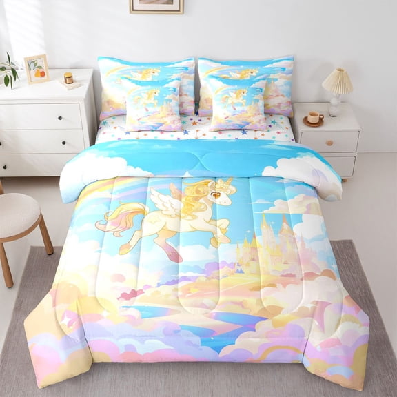 Feelyou Kawaii Gold Unicorn Bedding Comforter Set 7pcs, Galaxy Cloud Rainbow King Bedding Sets, Dreamy Princess Castle Reversible Bed Sheets, Ultra Soft Bedroom Decor