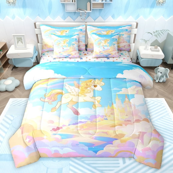 Feelyou Kawaii Gold Unicorn Bedding Comforter Set 7pcs, Galaxy Cloud Rainbow Queen Bedding Sets, Dreamy Princess Castle Reversible Queen Sheet Sets, Ultra Soft Bedroom Decor