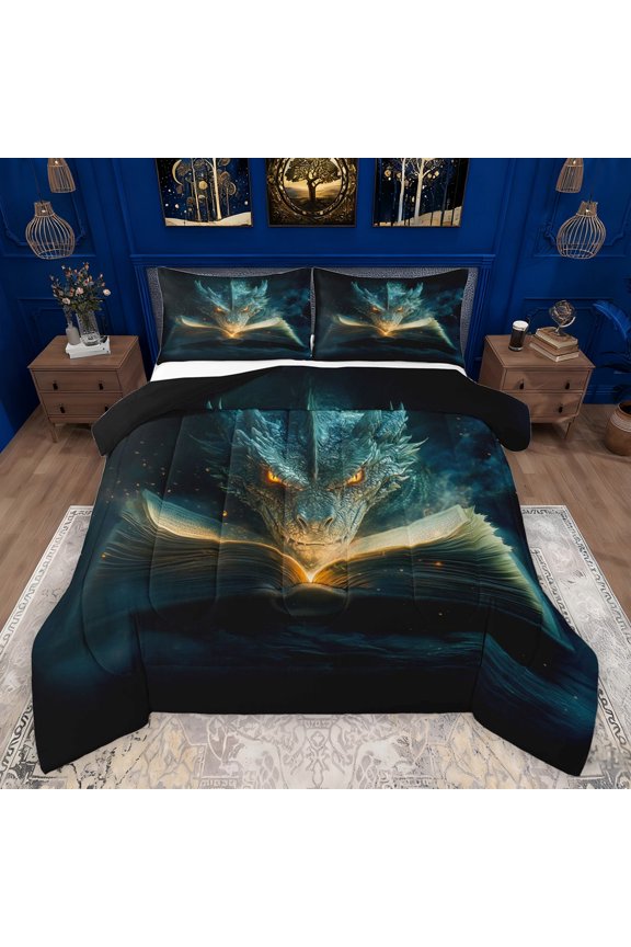 Kawaii Gothic Dragon Bedding Comforter Set, Dreamy Anime Twin Comforter Sets, Cartoon Western Animal Reversible Bedding Set, Microfiber Bedroom Decor, 2 Pieces